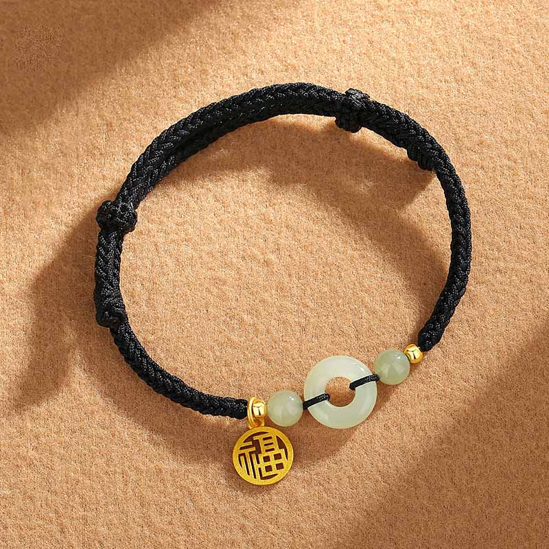 Braccialetto dell'abbondanza con ciondolo a forma di carattere Fu, fibbia della pace in argento sterling 925 con Buddha Stones e giada di Hetian - Corda nera (circonferenza polso 14-16 cm) - image 3