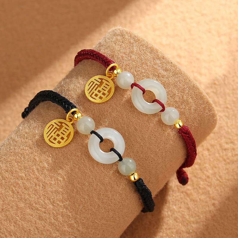 Braccialetto dell'abbondanza con ciondolo a forma di carattere Fu, fibbia della pace in argento sterling 925 con Buddha Stones e giada di Hetian - image 4