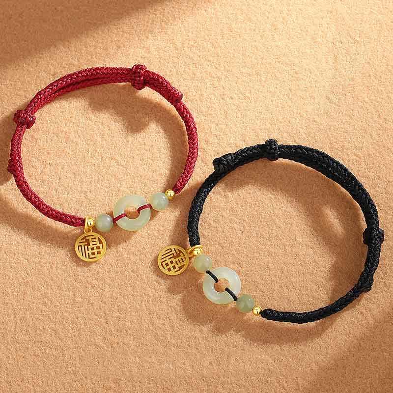 Braccialetto dell'abbondanza con ciondolo a forma di carattere Fu, fibbia della pace in argento sterling 925 con Buddha Stones e giada di Hetian - image 1