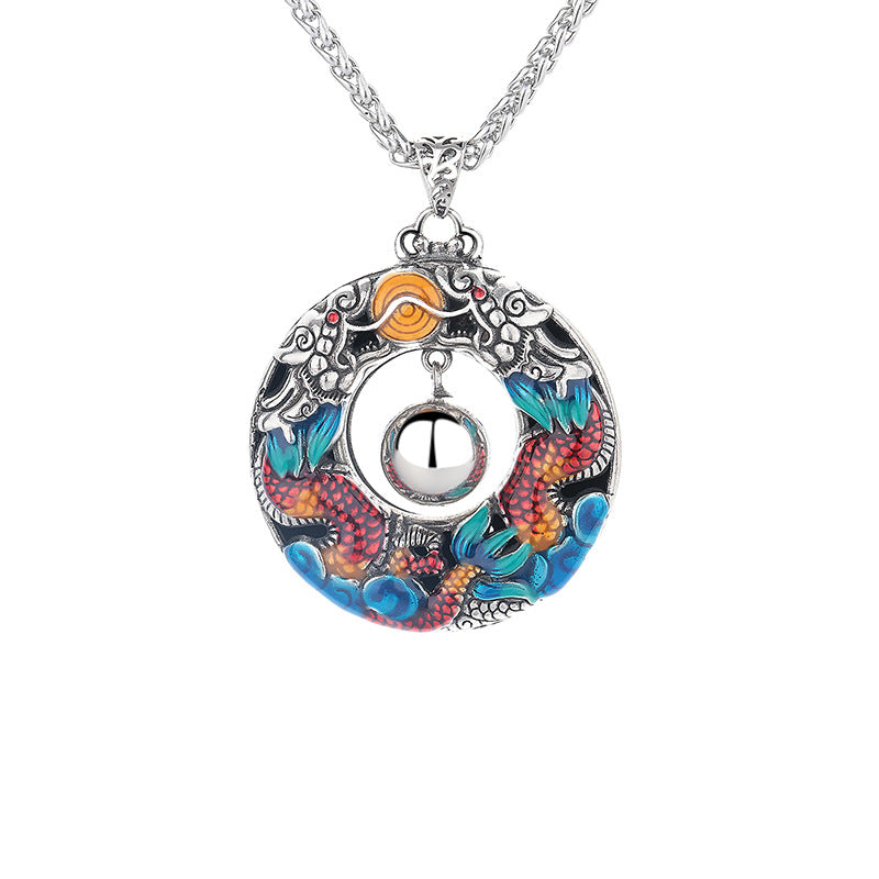 Buddha Stones Anno del Drago Draghi doppi colorati che giocano con perline Collana di protezione in rame con ciondolo