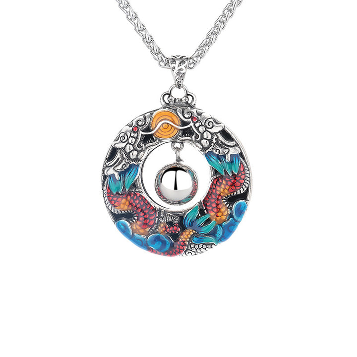 Buddha Stones Anno del Drago Draghi doppi colorati che giocano con perline Collana di protezione in rame con ciondolo