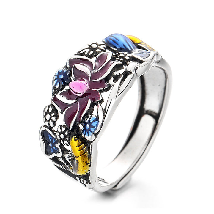 Anello di fortuna e ricchezza con Buddha Stones, pesce koi, fiore di loto e foglia.