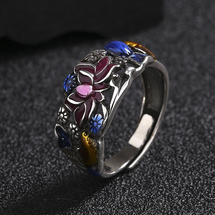 Anello di fortuna e ricchezza con Buddha Stones, pesce koi, fiore di loto e foglia.