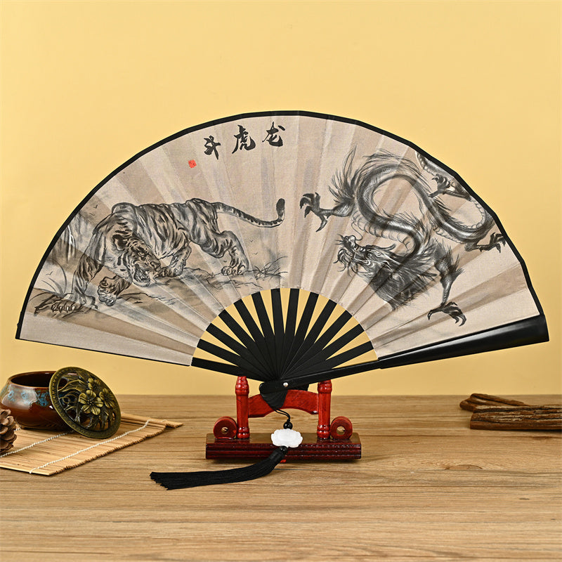 Buddha Stones Drago Fenice Tigre Gru Aquila Lupo Koi Pesce Ventaglio pieghevole portatile Ventaglio con nappa di loto