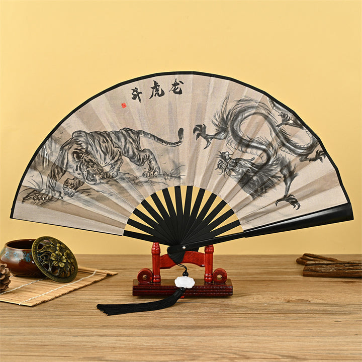 Buddha Stones Drago Fenice Tigre Gru Aquila Lupo Koi Pesce Ventaglio pieghevole portatile Ventaglio con nappa di loto