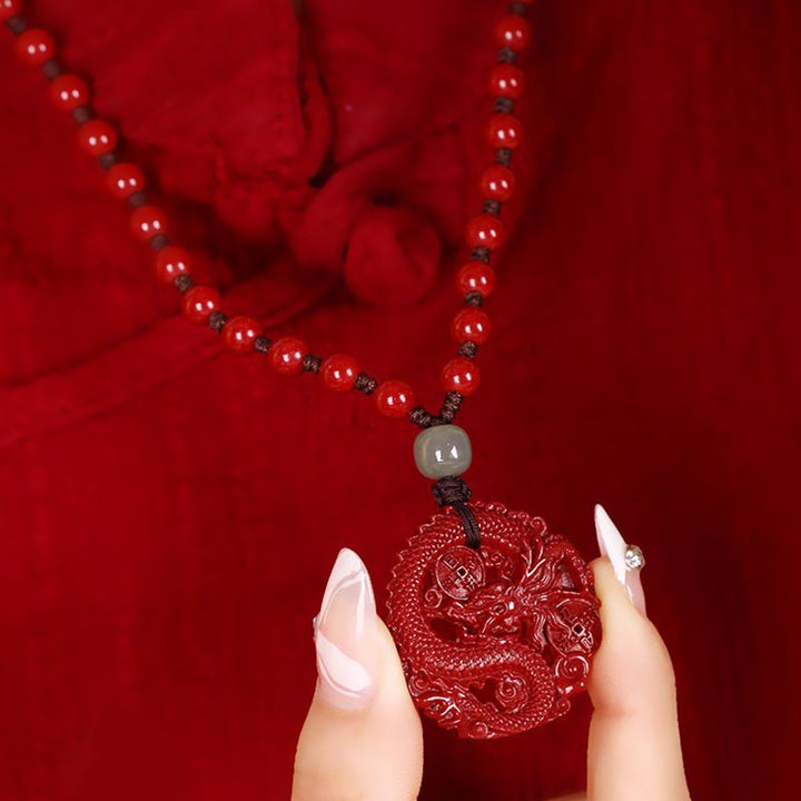 Buddha Stones Anno del Drago Cinabro Naturale Giada Hetian Perlina Moneta di Rame Attrae Ricchezza Forza Collana Pendente