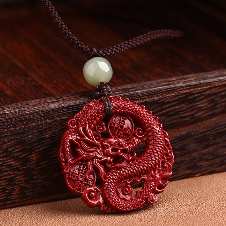 Buddha Stones Anno del Drago Cinabro Naturale Giada Hetian Perlina Moneta di Rame Attrae Ricchezza Forza Collana Pendente