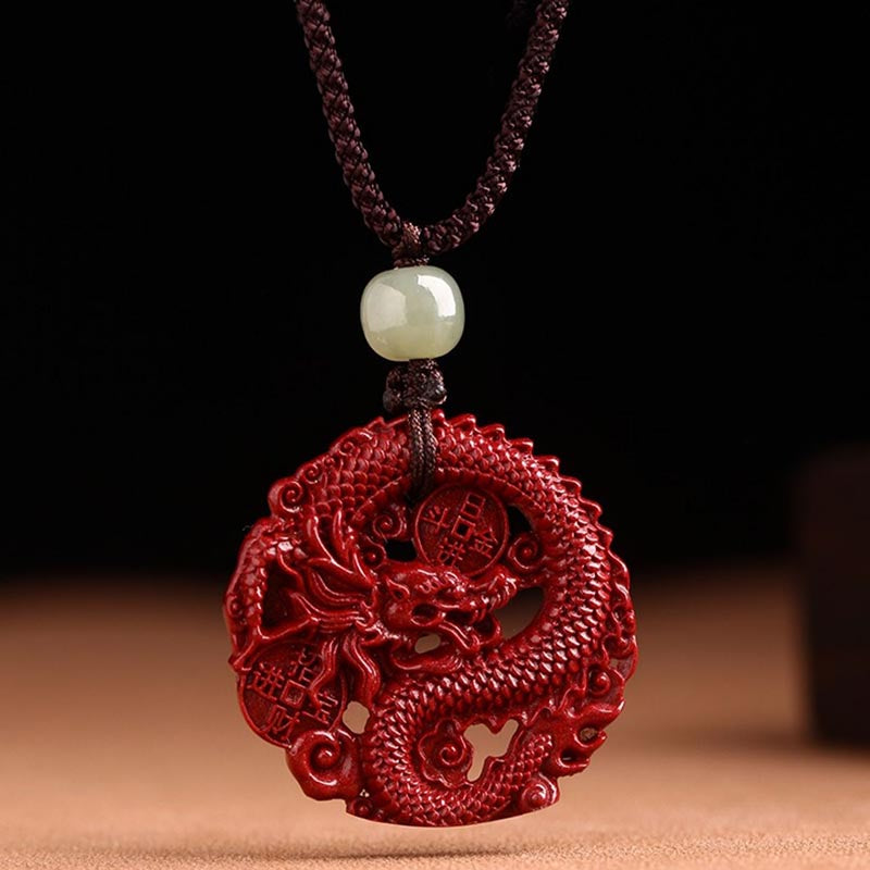Buddha Stones Anno del Drago Cinabro Naturale Giada Hetian Perlina Moneta di Rame Attrae Ricchezza Forza Collana Pendente