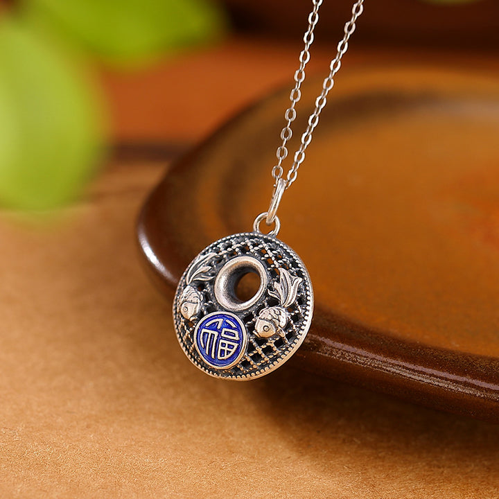 Collana con ciondolo Buddha Stones 999 Sterling Silver Koi Fish Fu Character Lotus Peace Buckle Wealth - image 2