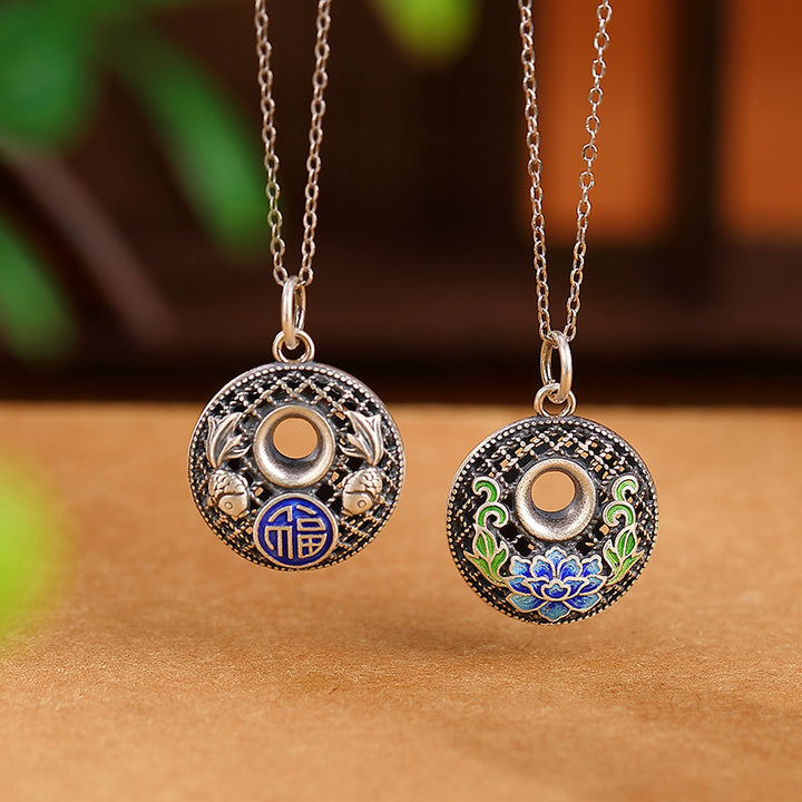 Collana con ciondolo Buddha Stones 999 Sterling Silver Koi Fish Fu Character Lotus Peace Buckle Wealth - image 0