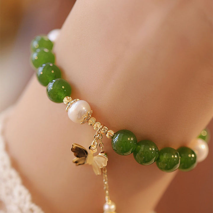 Bracciale Buddha Stones Calcedonio verde naturale Perla Farfalla Coraggio Forza