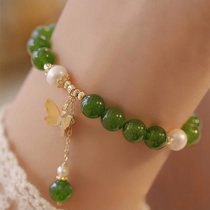 Bracciale Buddha Stones Calcedonio verde naturale Perla Farfalla Coraggio Forza
