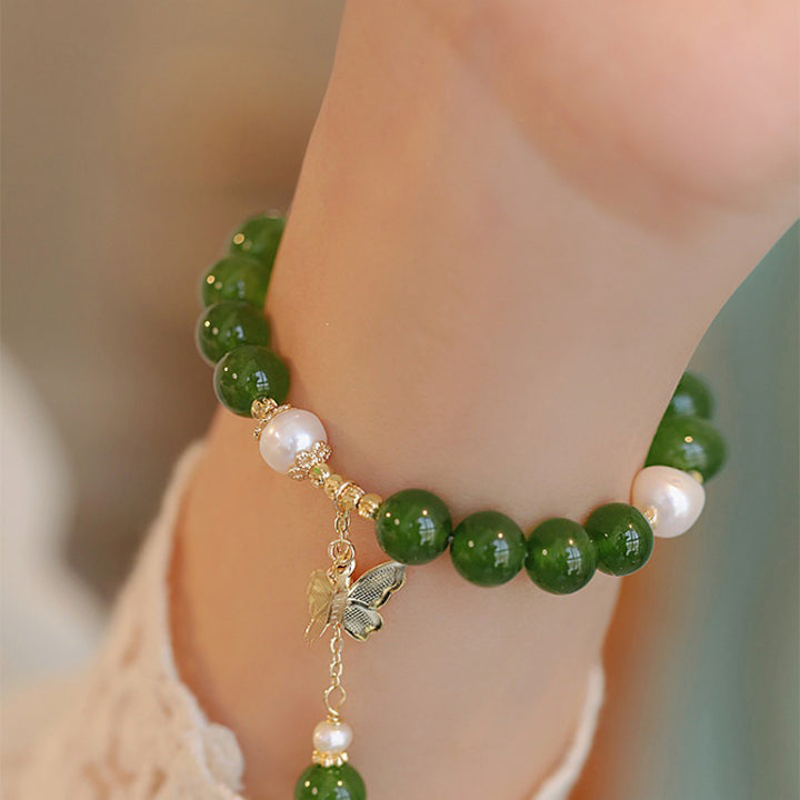 Bracciale Buddha Stones Calcedonio verde naturale Perla Farfalla Coraggio Forza