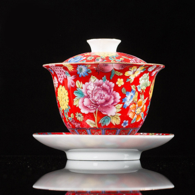 Buddha Stones Peony Flowers Ceramic Gaiwan Sancai Tazza da tè Kung Fu Tazza da tè e piattino con coperchio