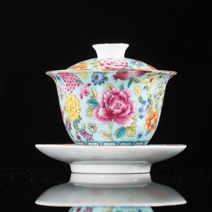 Buddha Stones Peony Flowers Ceramic Gaiwan Sancai Tazza da tè Kung Fu Tazza da tè e piattino con coperchio