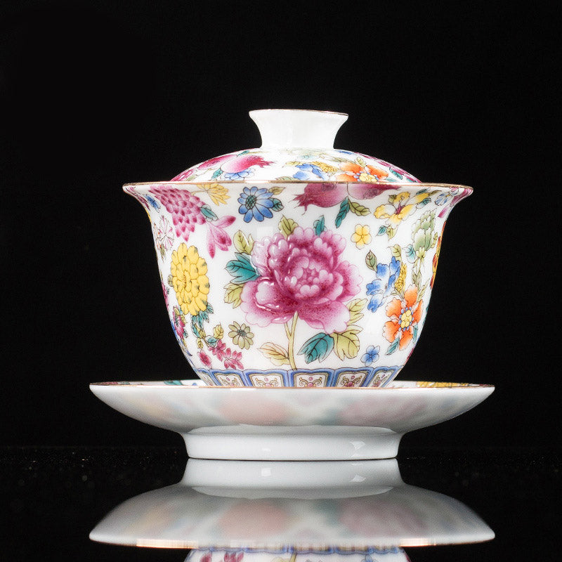 Buddha Stones Peony Flowers Ceramic Gaiwan Sancai Tazza da tè Kung Fu Tazza da tè e piattino con coperchio