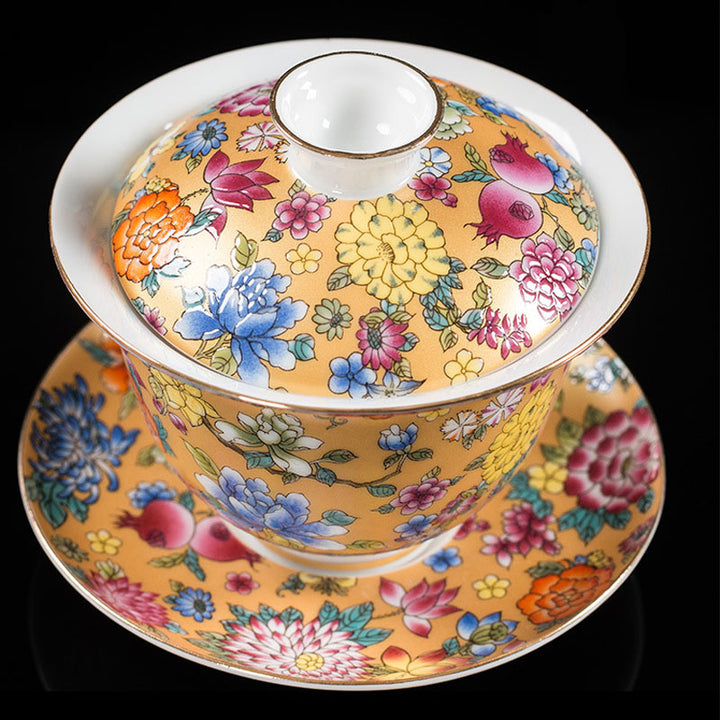 Buddha Stones Peony Flowers Ceramic Gaiwan Sancai Tazza da tè Kung Fu Tazza da tè e piattino con coperchio