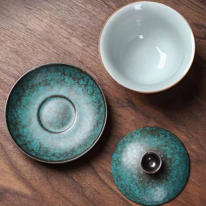 Buddha Stones tradizionale pino verde ceramica Gaiwan Sancai tazza da tè Kung Fu tazza da tè e piattino con coperchio