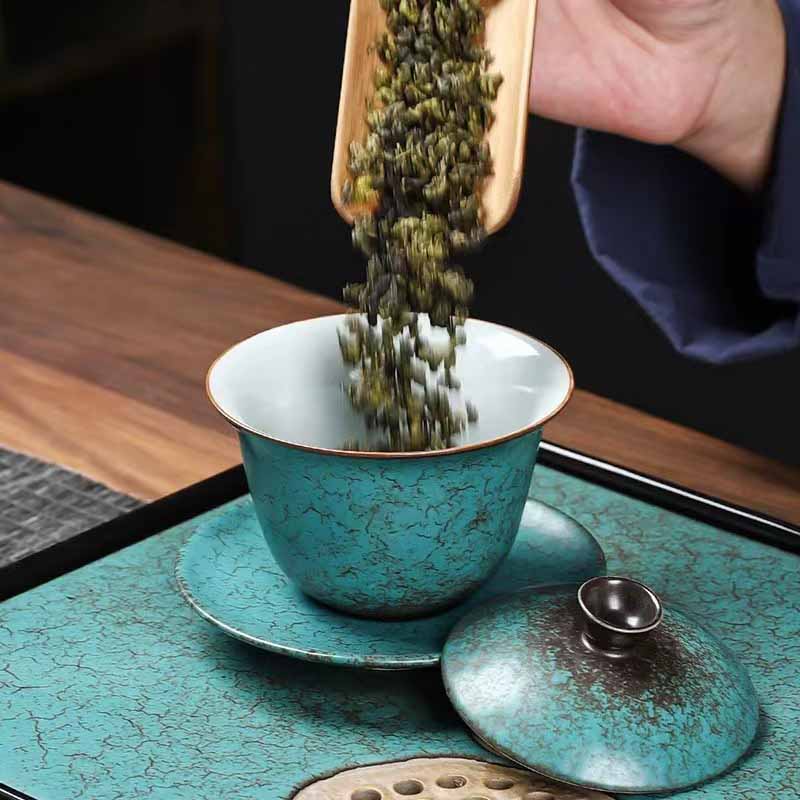 Buddha Stones tradizionale pino verde ceramica Gaiwan Sancai tazza da tè Kung Fu tazza da tè e piattino con coperchio