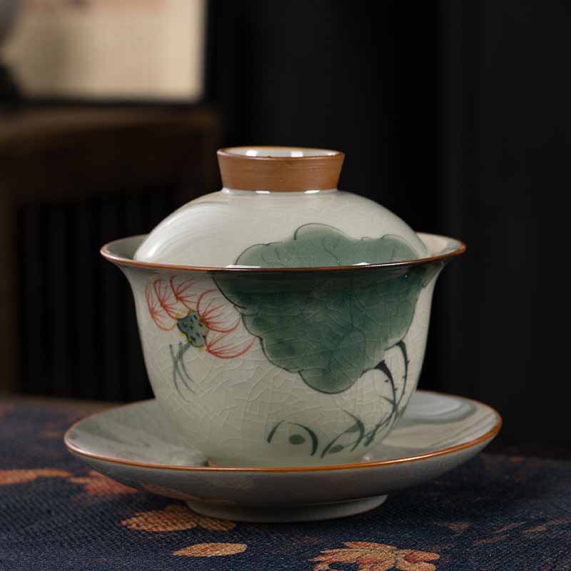 Buddha Stones Lotus Koi Fish Pod Leaf Ceramic Gaiwan Sancai Tazza da tè Kung Fu Tazza da tè e piattino con coperchio 140ml