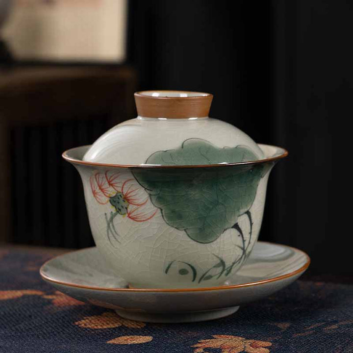 Buddha Stones Lotus Koi Fish Pod Leaf Ceramic Gaiwan Sancai Tazza da tè Kung Fu Tazza da tè e piattino con coperchio 140ml