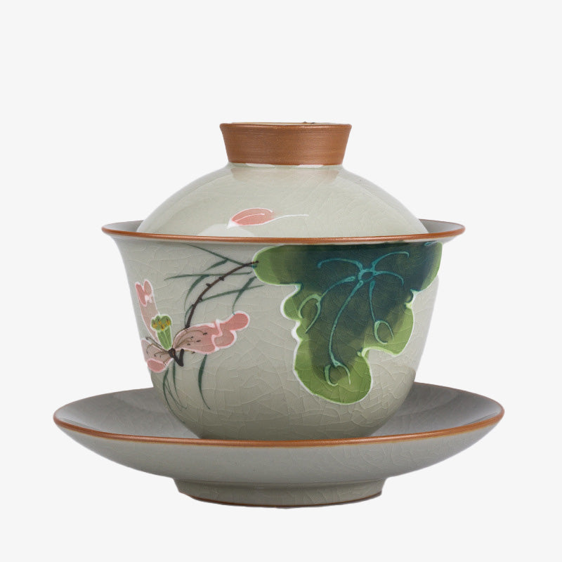 Buddha Stones Lotus Koi Fish Pod Leaf Ceramic Gaiwan Sancai Tazza da tè Kung Fu Tazza da tè e piattino con coperchio 140ml
