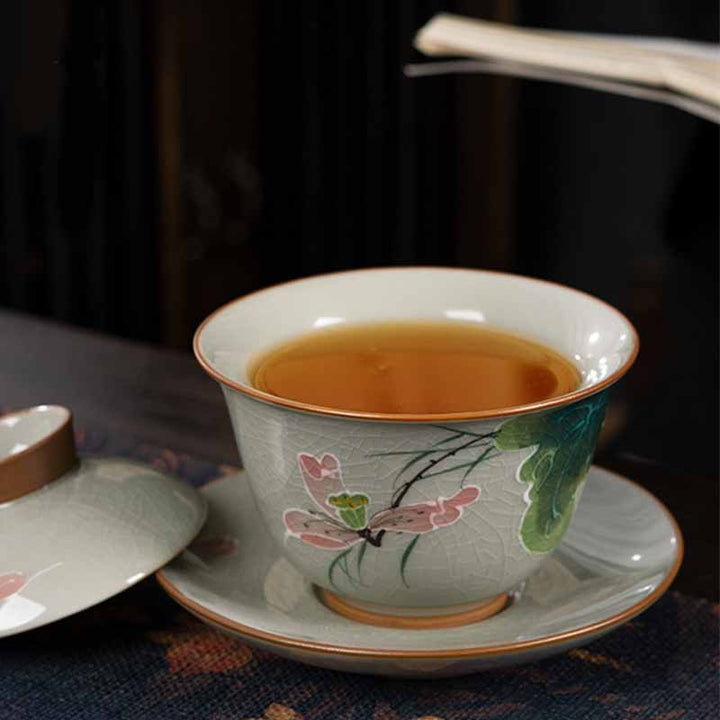 Buddha Stones Lotus Koi Fish Pod Leaf Ceramic Gaiwan Sancai Tazza da tè Kung Fu Tazza da tè e piattino con coperchio 140ml