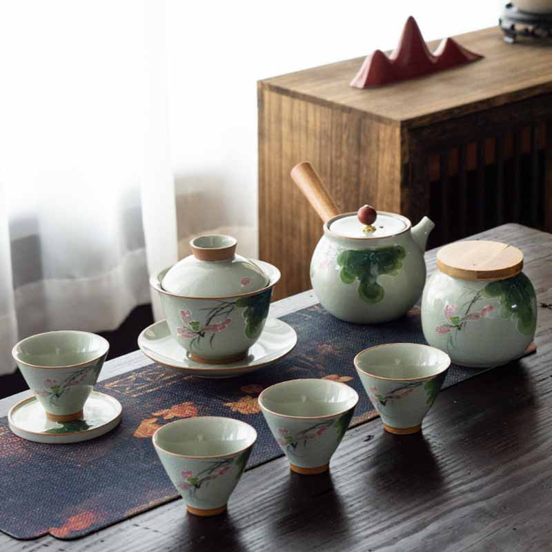 Buddha Stones Lotus Koi Fish Pod Leaf Ceramic Gaiwan Sancai Tazza da tè Kung Fu Tazza da tè e piattino con coperchio 140ml