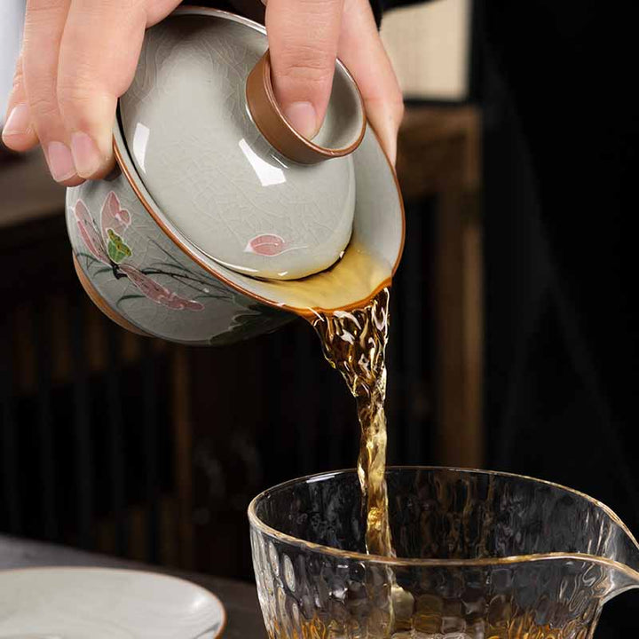 Buddha Stones Lotus Koi Fish Pod Leaf Ceramic Gaiwan Sancai Tazza da tè Kung Fu Tazza da tè e piattino con coperchio 140ml