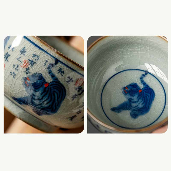 Buddha Stones Jingdezhen Tazza da tè in ceramica dipinta a mano con tigre carina Tazza da tè Kung Fu Ciotola da 140 ml