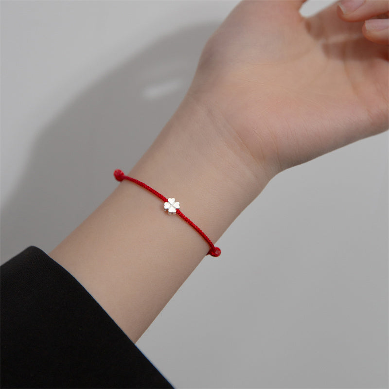 Braccialetto in corda rossa con quadrifoglio in argento sterling 925 Buddha Stones - image 6