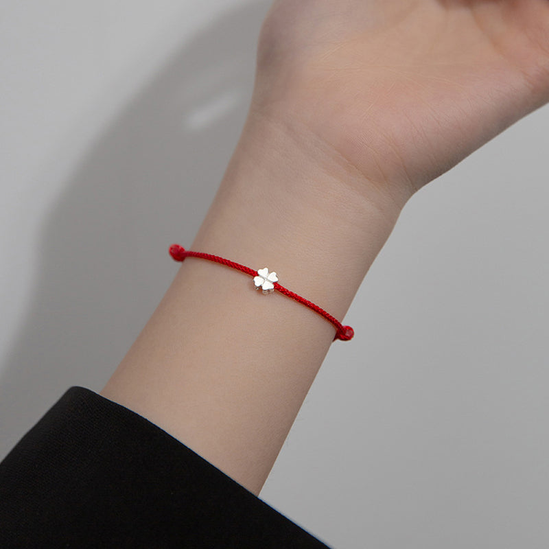 Braccialetto in corda rossa con quadrifoglio in argento sterling 925 Buddha Stones - image 5