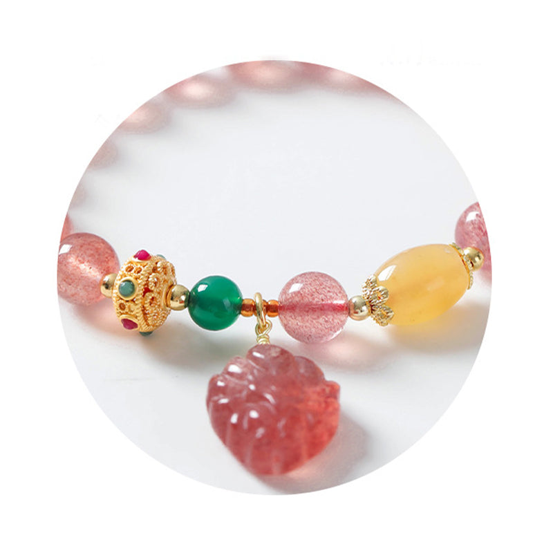 Braccialetto curativo Buddha Stones in quarzo fragola naturale con volpe a nove code