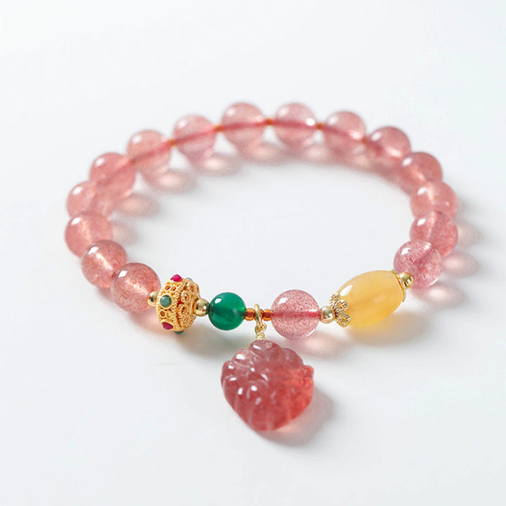 Braccialetto curativo Buddha Stones in quarzo fragola naturale con volpe a nove code