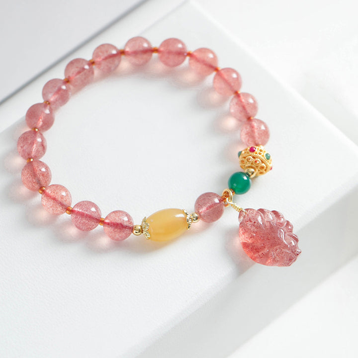 Braccialetto curativo Buddha Stones in quarzo fragola naturale con volpe a nove code