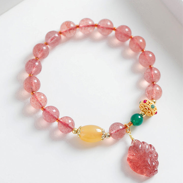 Braccialetto curativo Buddha Stones in quarzo fragola naturale con volpe a nove code