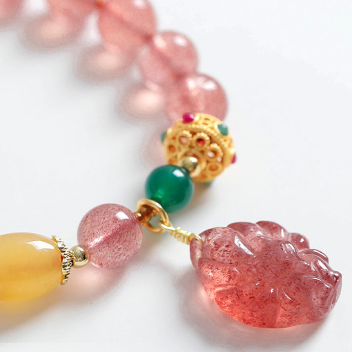 Braccialetto curativo Buddha Stones in quarzo fragola naturale con volpe a nove code