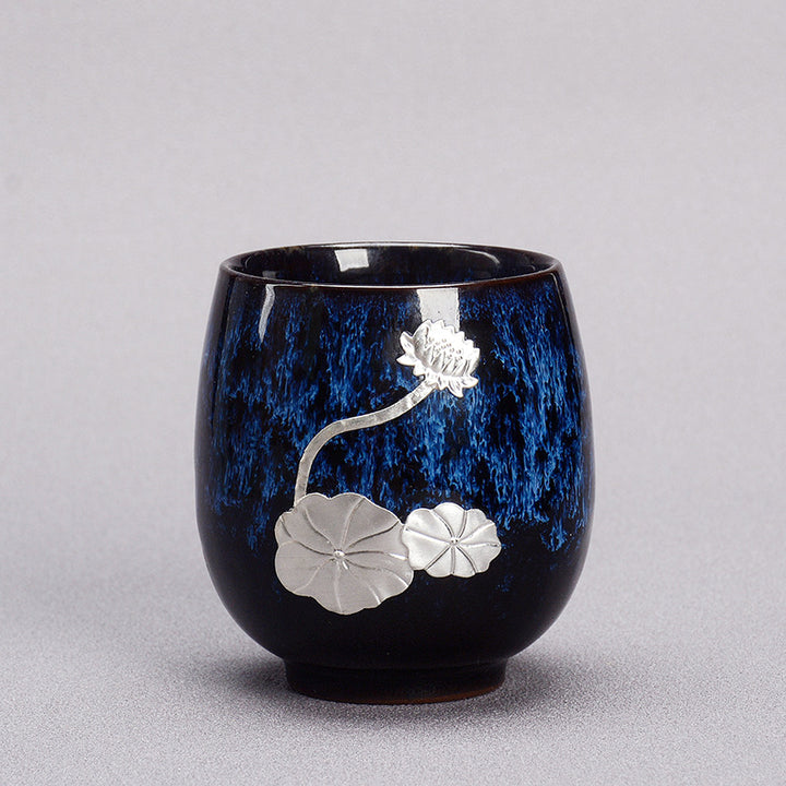 Buddha Stones Fiore di Loto d'Argento Foglia Tazza da Tè Cinese Jianzhan Ceramica Tazza da Tè Kung Fu 150ml