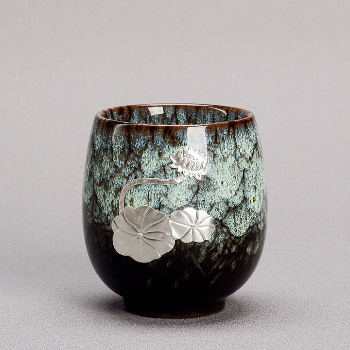 Buddha Stones Fiore di Loto d'Argento Foglia Tazza da Tè Cinese Jianzhan Ceramica Tazza da Tè Kung Fu 150ml