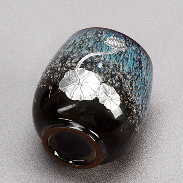 Buddha Stones Fiore di Loto d'Argento Foglia Tazza da Tè Cinese Jianzhan Ceramica Tazza da Tè Kung Fu 150ml