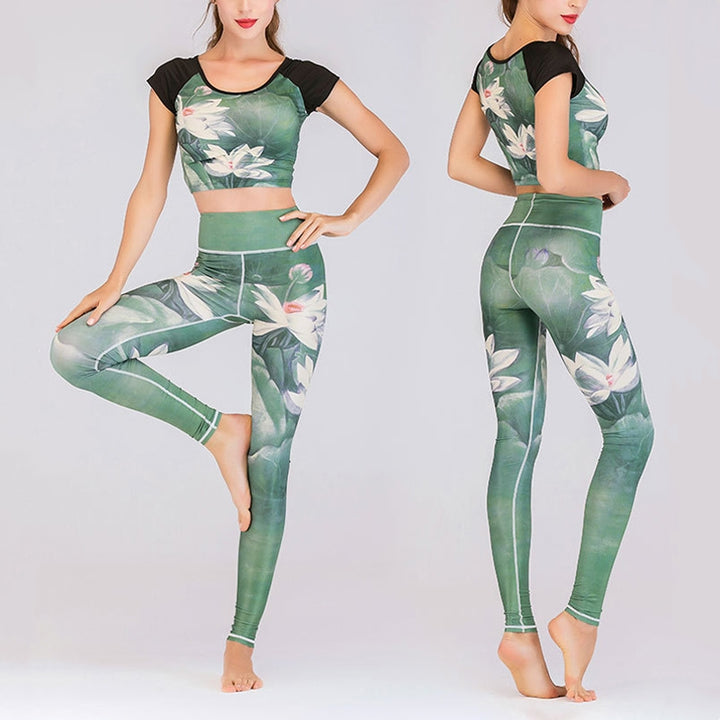 Buddha Stones 2 pezzi Lotus Phoenix fiori primaverili pavone stampa top pantaloni sport fitness yoga donne yoga set - Loto - US8-10, UK/AU12-14, EU40-42 (XL) - image 0