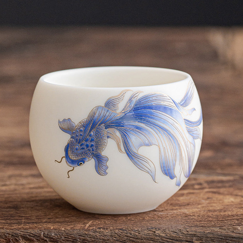 Buddha Stones Koi Fish Tazza da tè in porcellana bianca Tazza da tè in ceramica Kung Fu