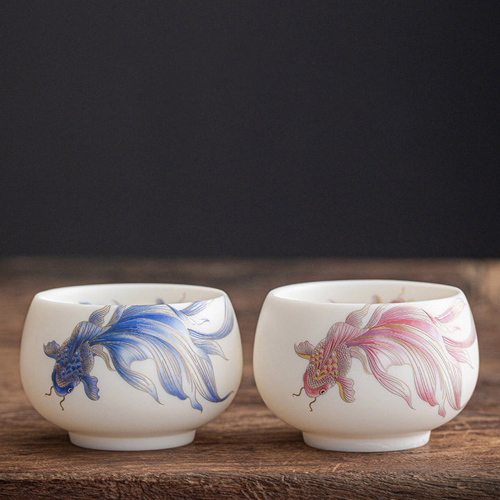 Buddha Stones Koi Fish Tazza da tè in porcellana bianca Tazza da tè in ceramica Kung Fu