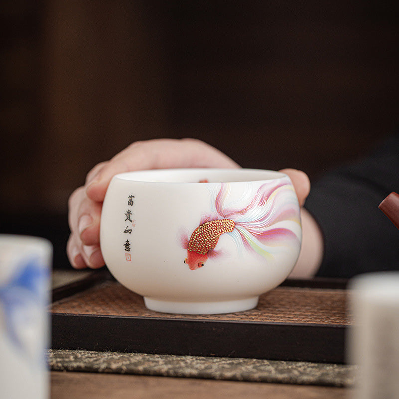 Buddha Stones Koi Fish Tazza da tè in porcellana bianca Tazza da tè in ceramica Kung Fu