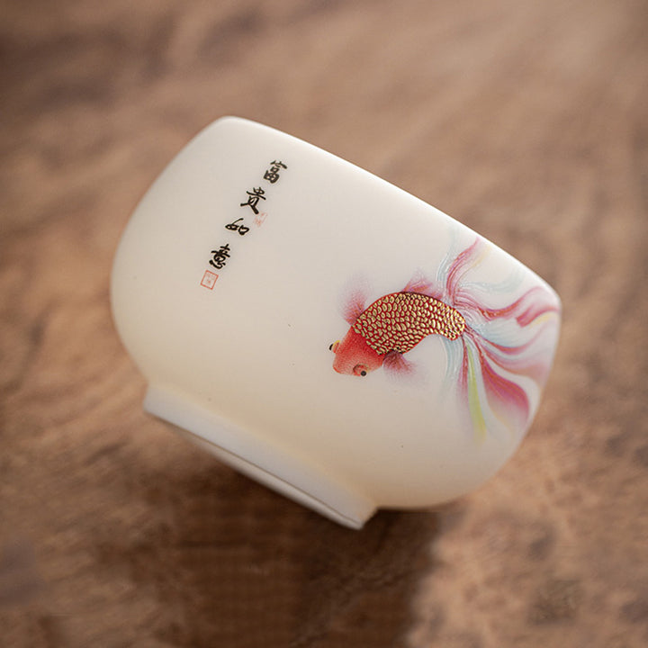 Buddha Stones Koi Fish Tazza da tè in porcellana bianca Tazza da tè in ceramica Kung Fu