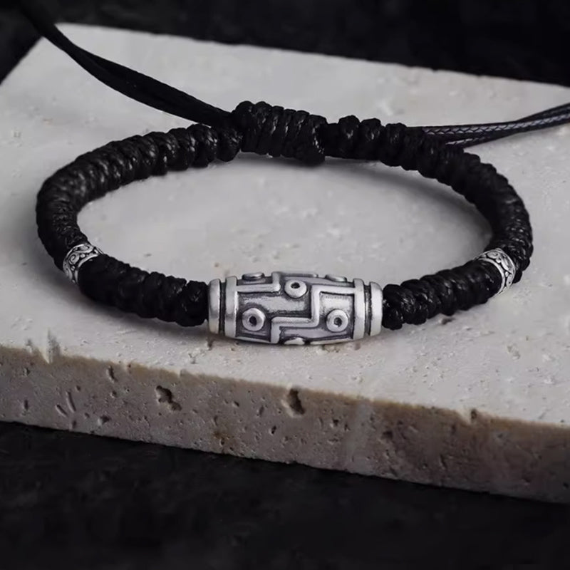 Braccialetto di corda della benedizione con perline Dzi a nove occhi in argento sterling 999 Buddha Stones - 14-23 cm - image 0