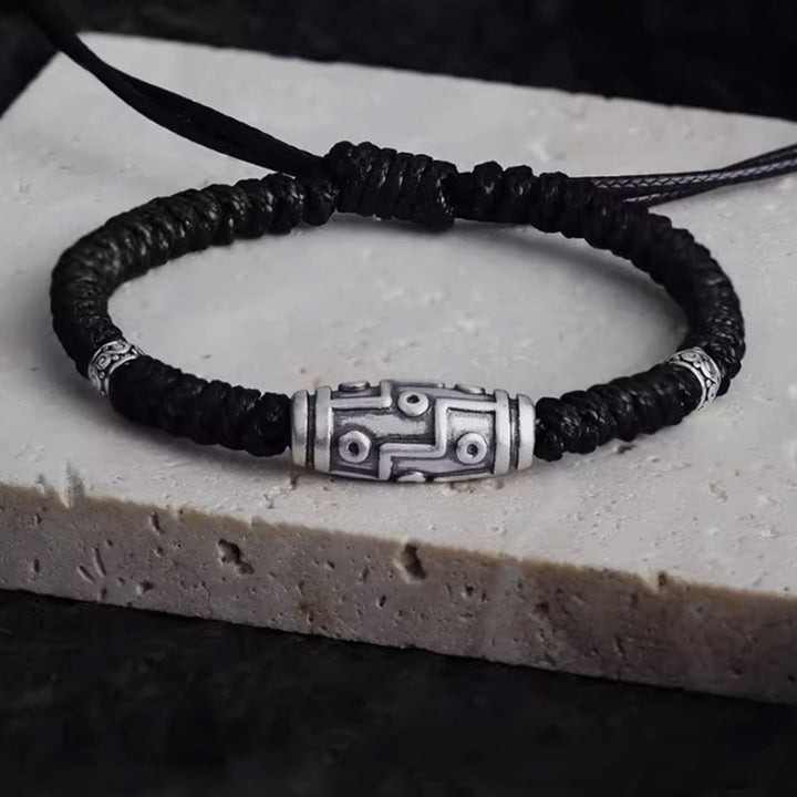 Braccialetto di corda della benedizione con perline Dzi a nove occhi in argento sterling 999 Buddha Stones - 14-23 cm - image 0