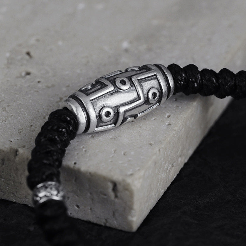 Braccialetto di corda della benedizione con perline Dzi a nove occhi in argento sterling 999 Buddha Stones - image 2