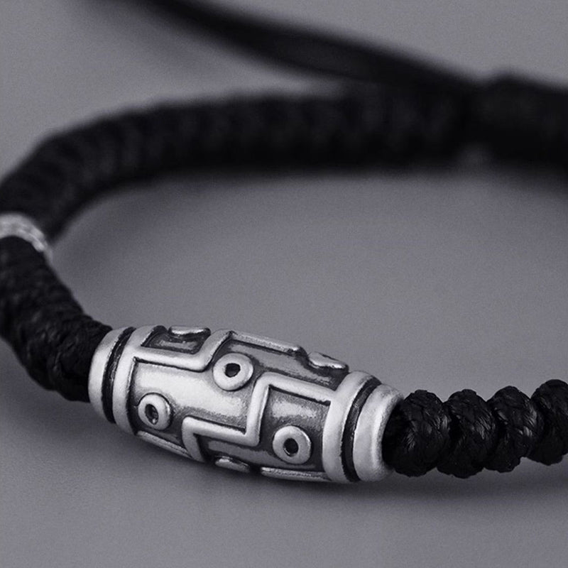 Braccialetto di corda della benedizione con perline Dzi a nove occhi in argento sterling 999 Buddha Stones - image 1
