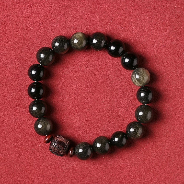 Buddha Stones Oro Naturale Ossidiana Lucente Arcobaleno Ossidiana Om Mani Padme Hum Fu Carattere Braccialetto di Guarigione